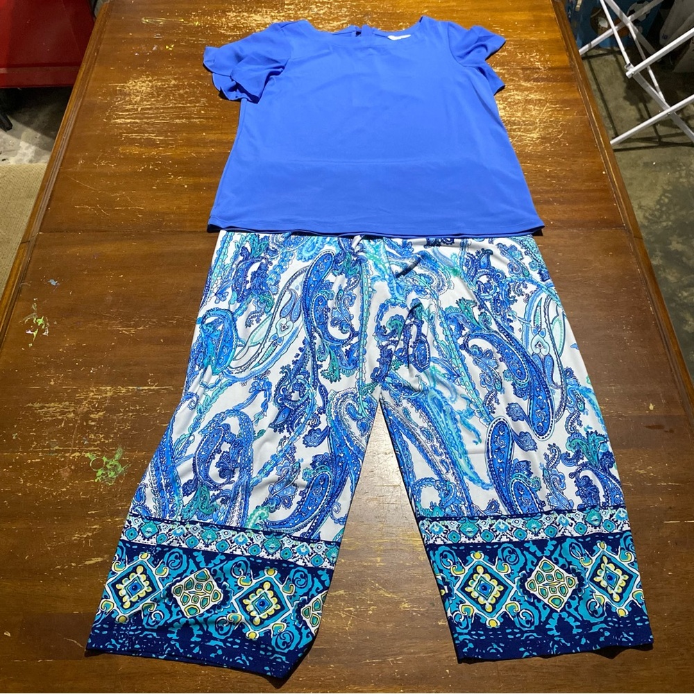 Susan Graver Women’s Top And Bottoms Pull On Blue Wide Leg Size Medium Petite